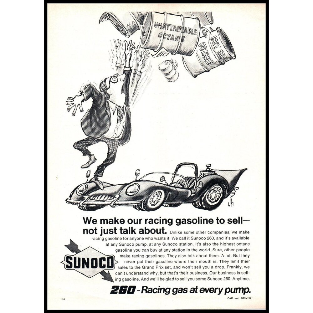 1970 Sunoco 260 Racing Gas Gasline Vintage Print Ad Cartoon Barrels Wall Art